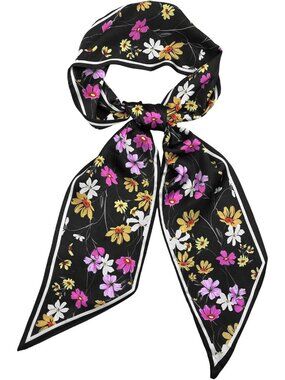 Women's Black Flower Silky Satin Headscarf Wrap Lightweight Scarves Scarf